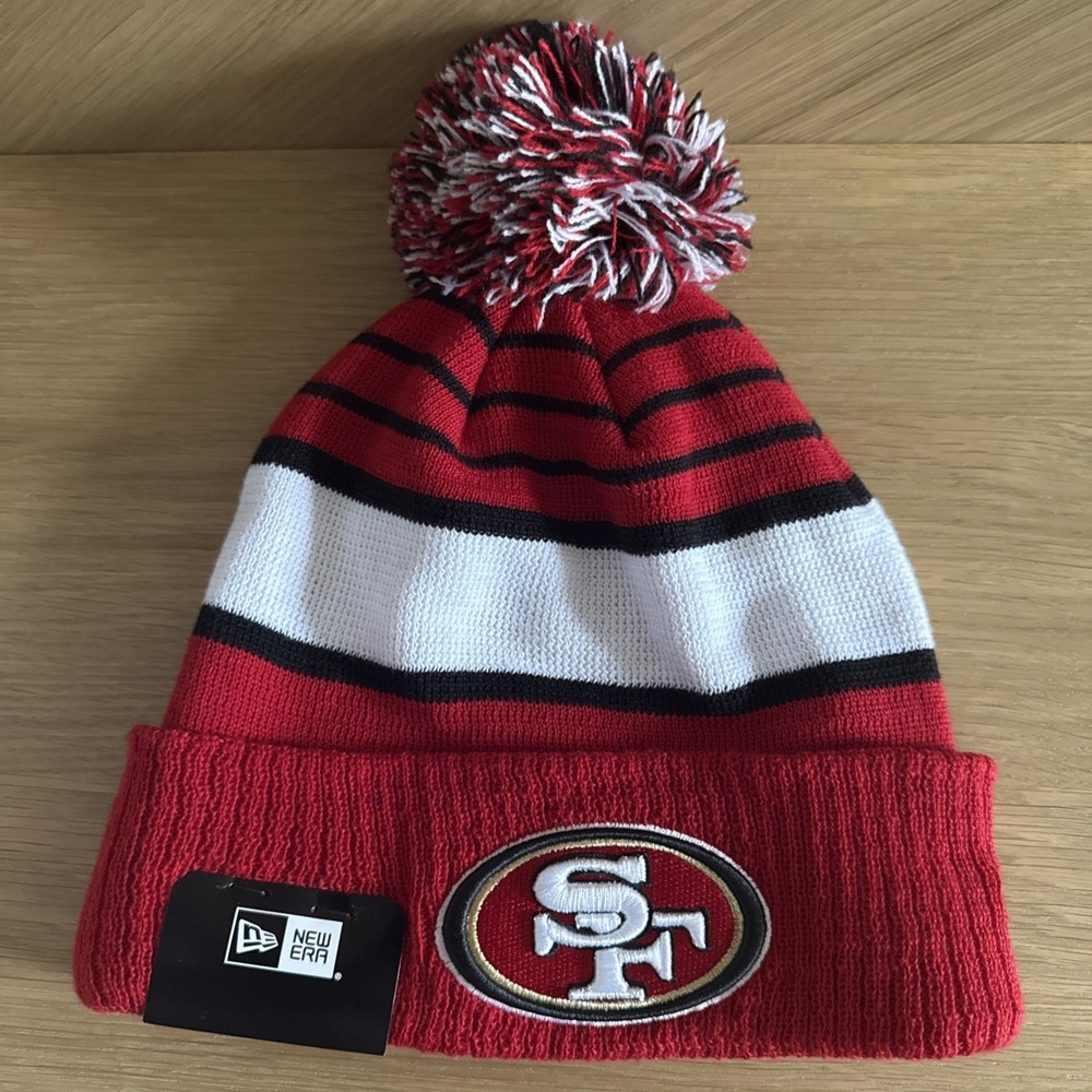 San Francisco SF 49ers Pom Knit Logo Beanie Cap Hat Football Stripes New Era Men